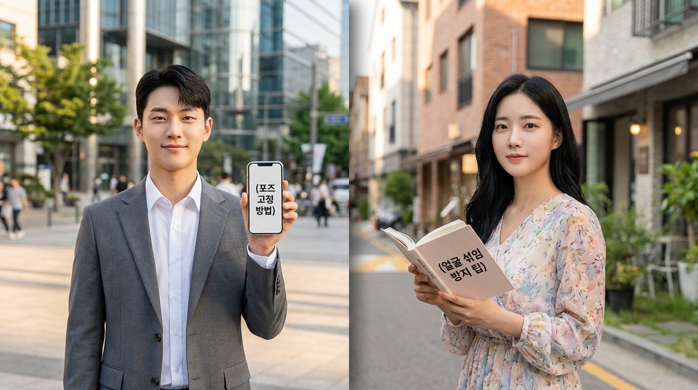 좌우 영역별로 나뉘어 분명하게 묘사된 두 인물의 이미지, 얼굴과 신체 정보 섞임 방지를 위한 공간 분할 기법 설명 장면