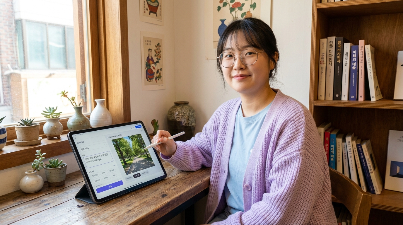 AI 아웃페인팅 프롬프트를 작성하는 한국인 여성 디지털 아티스트 실사 이미지
