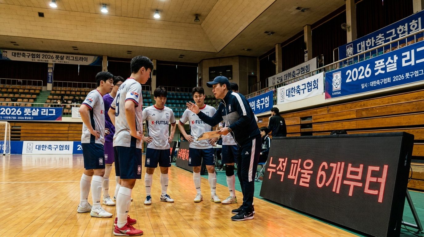 대한민국 실내 체육관에서 풋살팀이 타임아웃 중 코치를 지시를 듣는 모습이며, 배경에 누적 파울 6개부터 시작한다는 한국어 전광판 문구가 보인다.