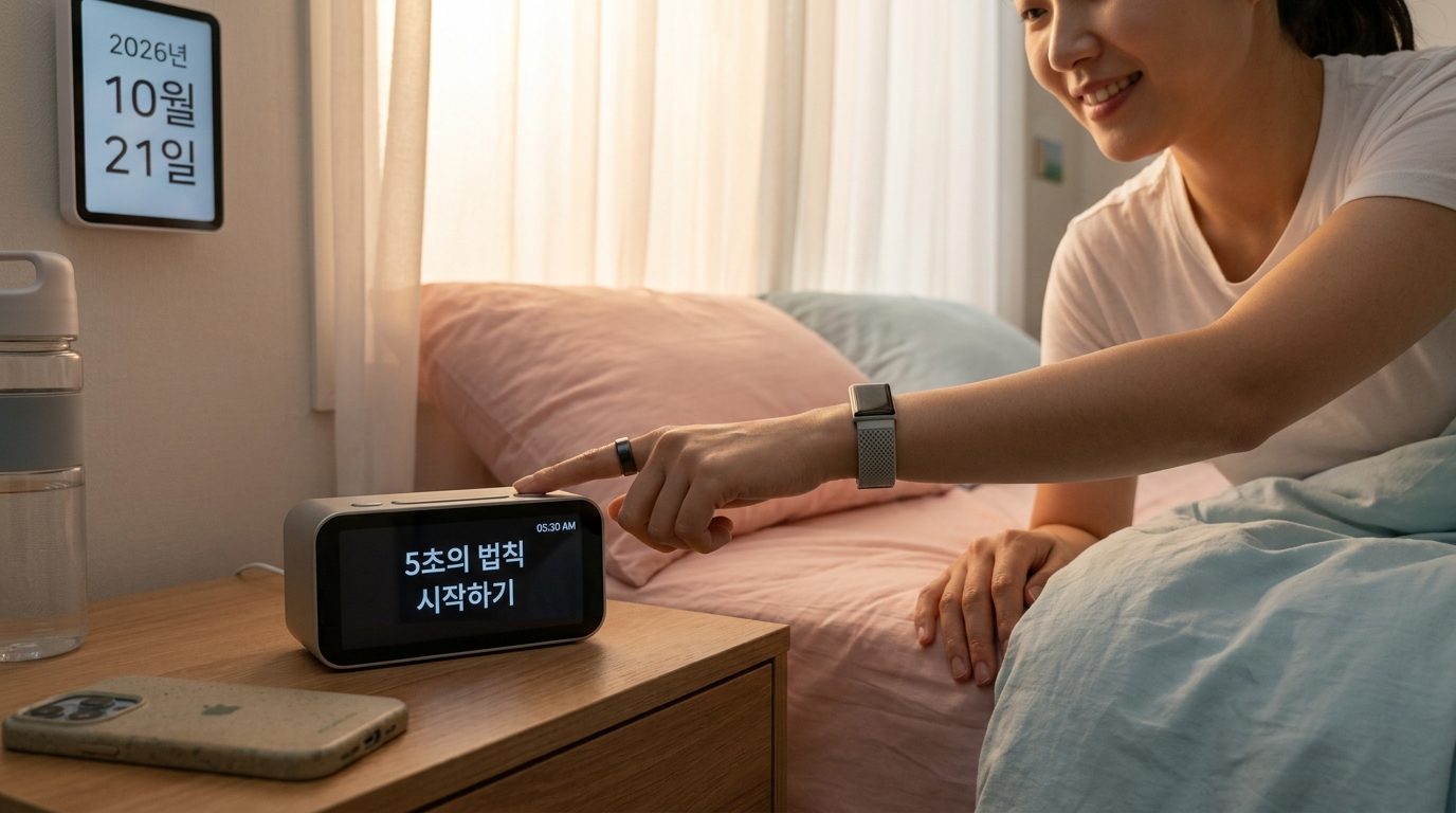새벽에 결연한 표정으로 알람을 끄는 한국 여성의 실사 이미지