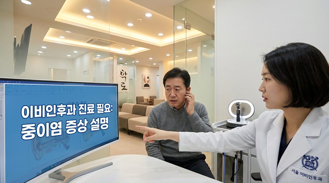 현대 한국 이비인후과 진료실에서 의사와 상담 중인 중년 한국 남성의 모습