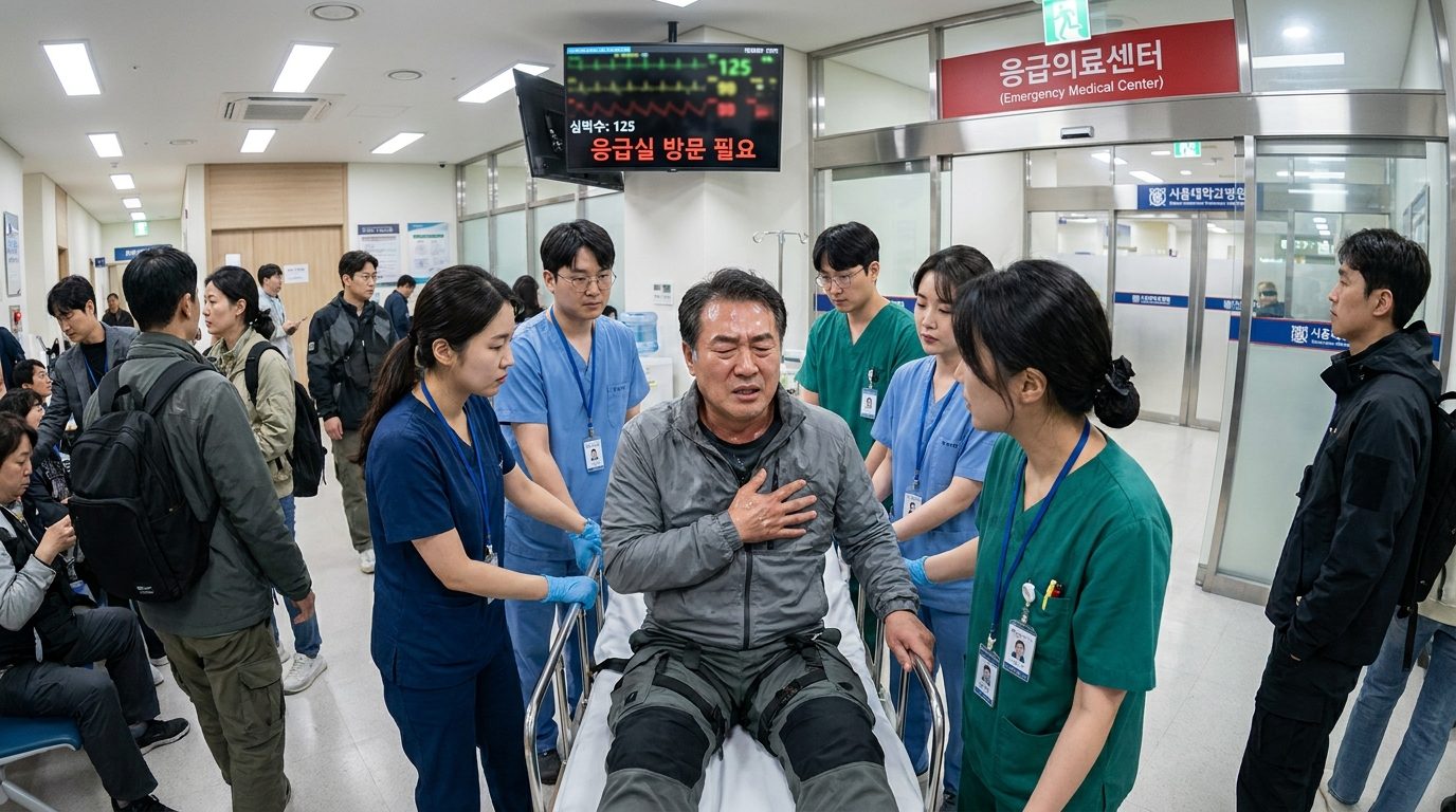 응급실에서 가슴 통증으로 응급 처치를 받는 중년 한국 남성 모습