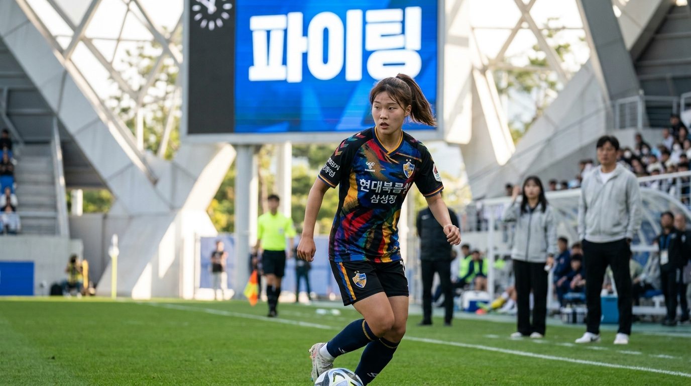 한국의 최신 스타일 축구복을 입은 10대 여자 미드필더가 경기장에서 집중하는 모습