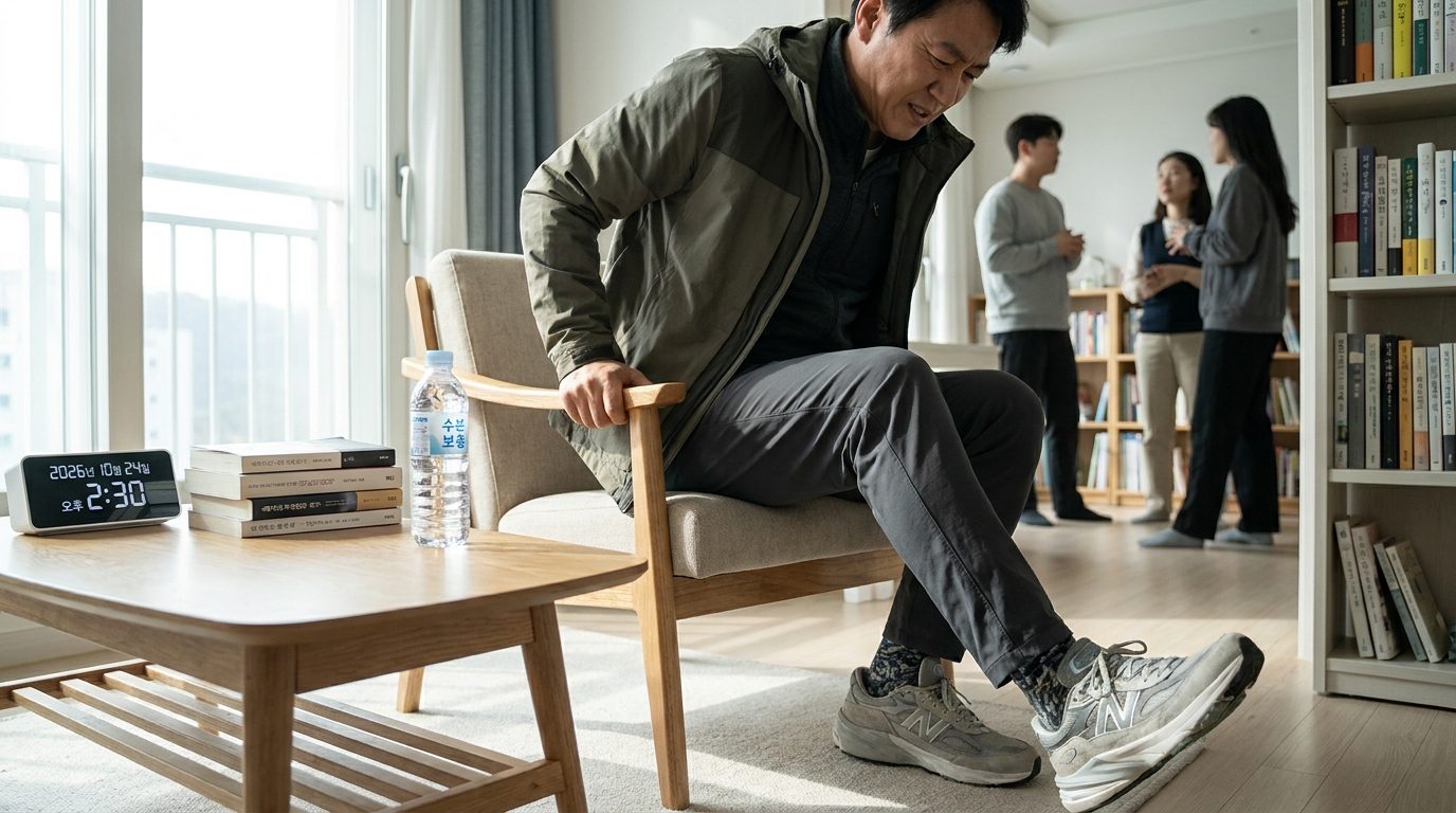 의자에서 일어나는 중인 한국 중년 남성이 다리 힘이 풀린 듯한 표정을 짓고 있으며 주변은 자연광이 들어오는 현대 한국 가정집 인테리어를 배경으로 하고 있다.