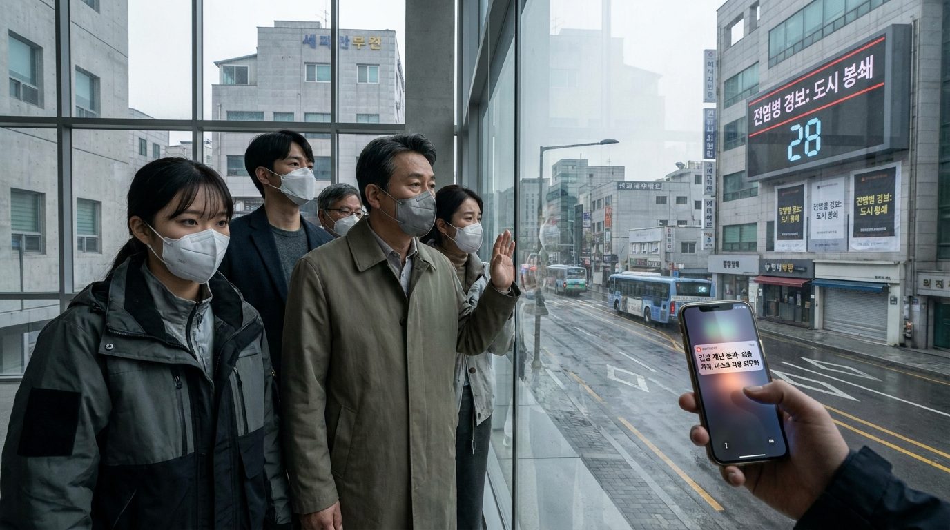 전염병이 돌고 있는 현대 한국의 고립된 도시, 마스크 쓴 사람들이 창밖을 걱정스럽게 바라보고 있다.