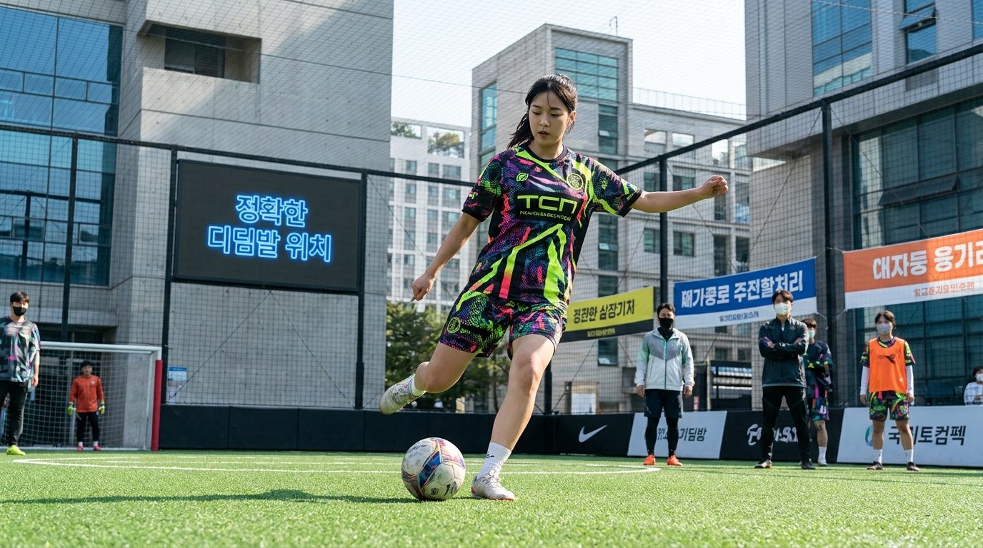 풋살 인사이드 킥 동작에서 디딤발 위치를 정확히 잡고 연습하는 한국 여성 선수의 사진