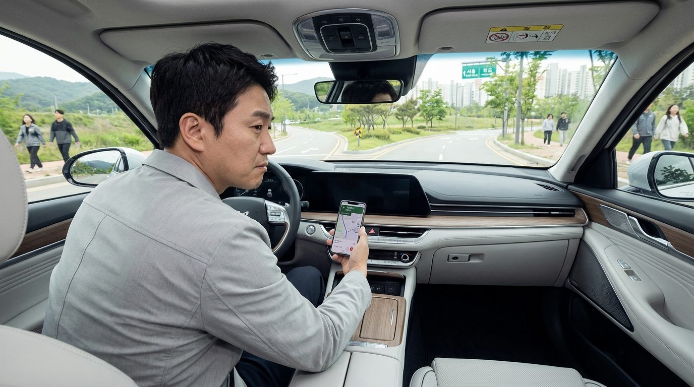 내비게이션 소리 크게: 운전 중 갈림길을 바라보며 내비게이션 음성 안내에 당황하는 한국인 운전자의 모습