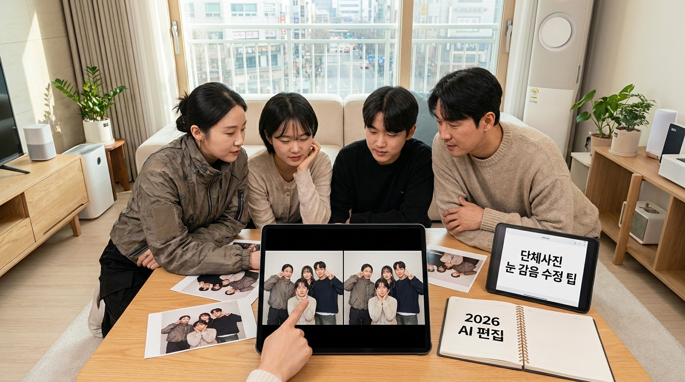 가족들이 탁자에 모여 단체 사진 수정본을 함께 보고 있는 모습의 실사 사진
