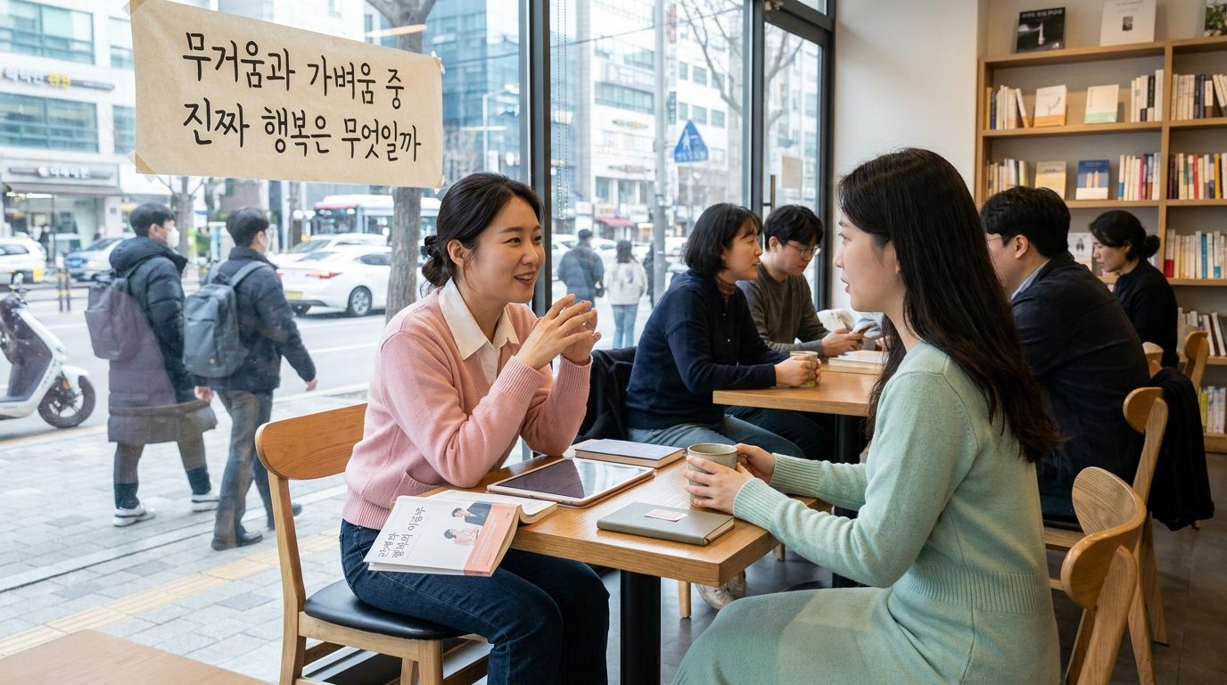 도시의 세련된 카페에서 인생의 무거움과 가벼움에 대해 토론하는 두 명의 한국 여성