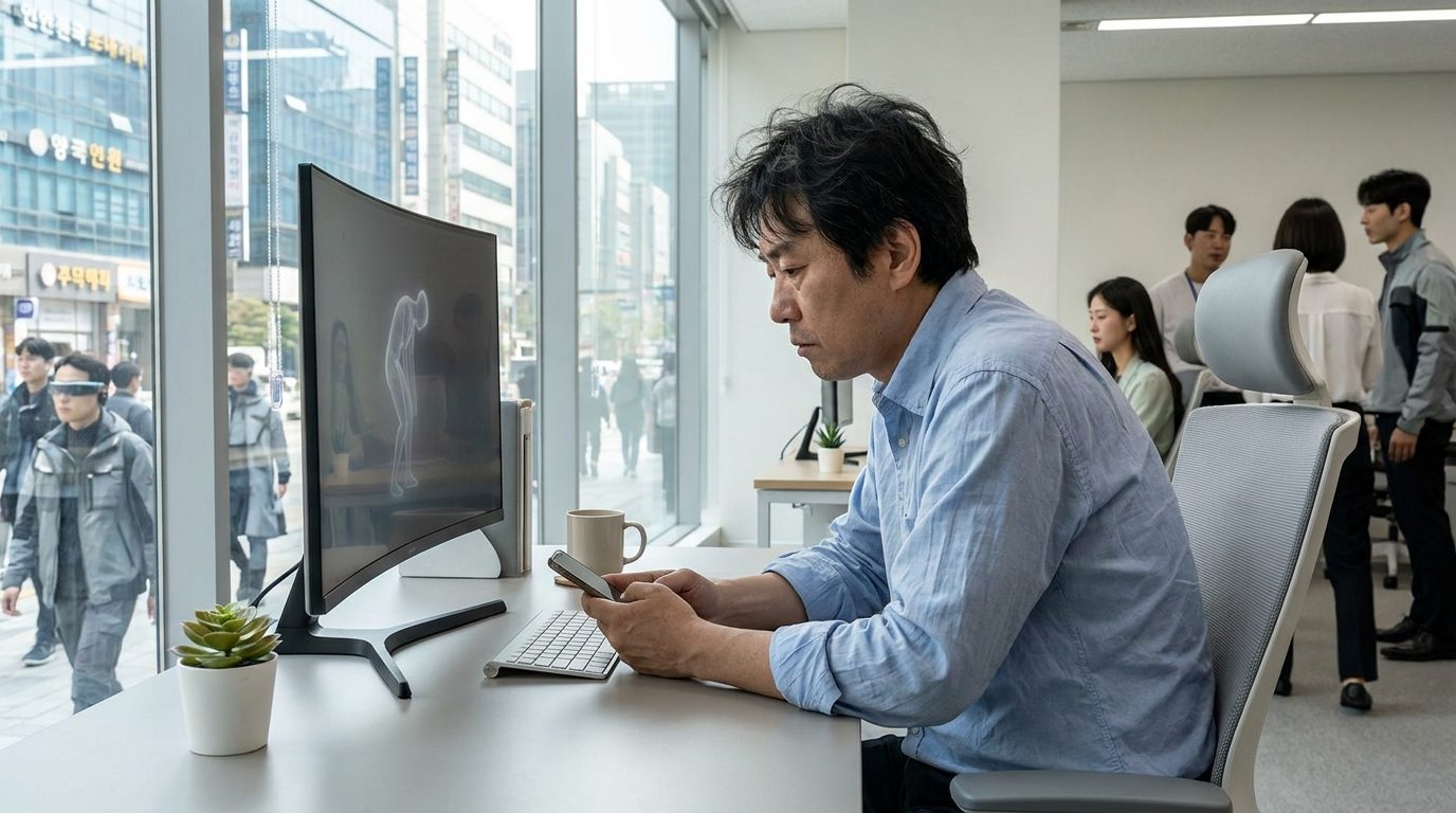 컴퓨터 작업과 스마트폰 사용으로 인해 어깨가 앞으로 말린 중년 한국 남성의 나쁜 자세를 보여주는 사무실 실사 이미지