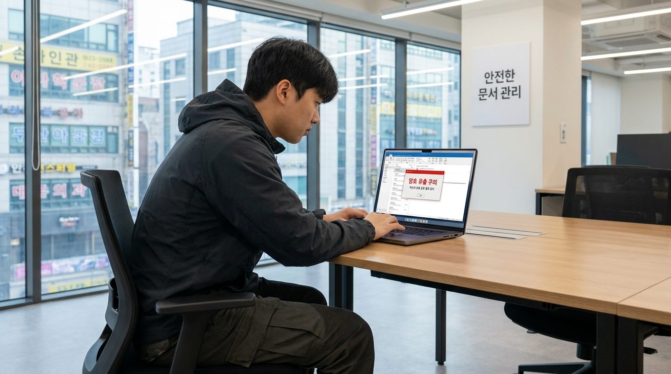 한국 현대 사무실에서 2026년 근무하는 남성 직원이 PDF 암호 공유 위험 알림을 확인하며 업무에 집중하는 장면, 노트북 화면에 한국어 경고 문구가 보임
