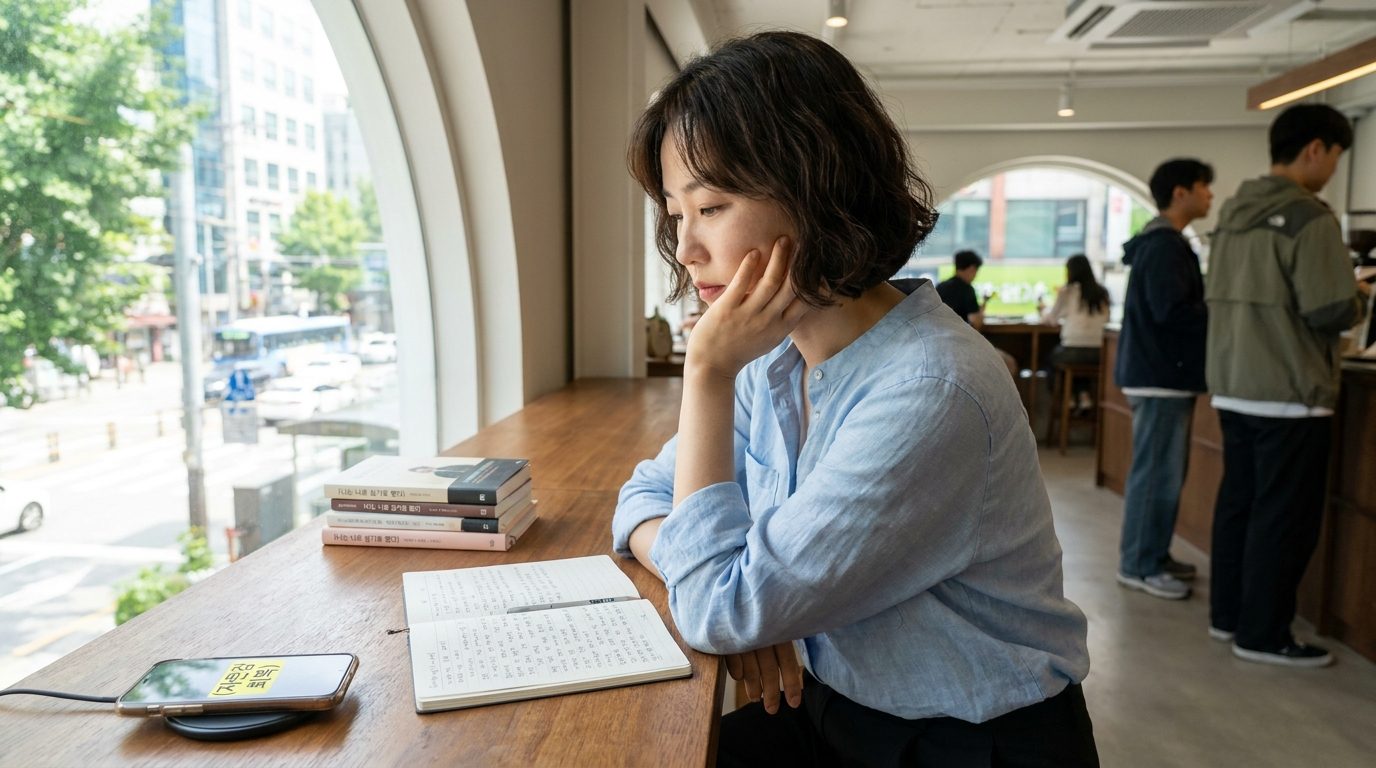 노트와 책을 보며 자존감 회복에 대해 생각하는 한국 여성의 모습