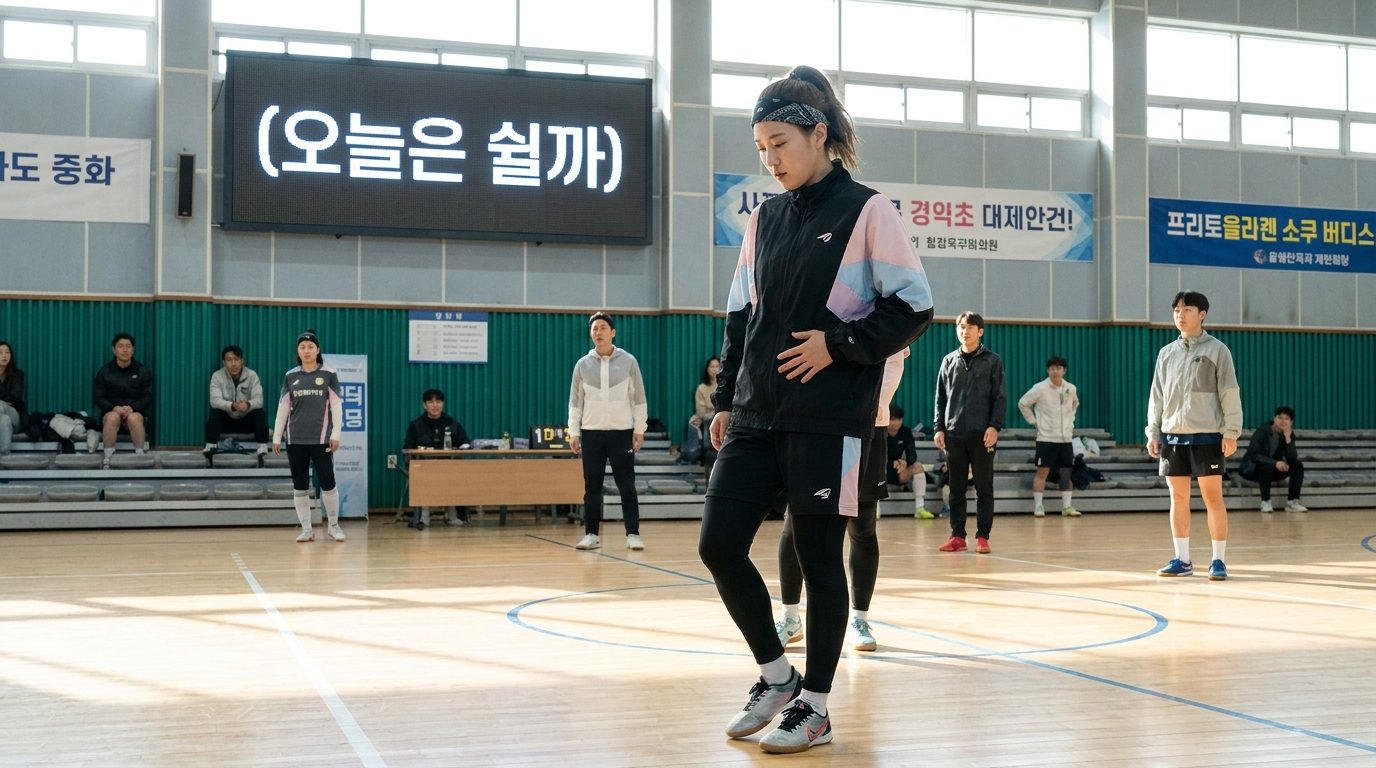 생리중 풋살: 여성 풋살 선수가 운동장 한가운데에서 고민하는 표정으로 서있다