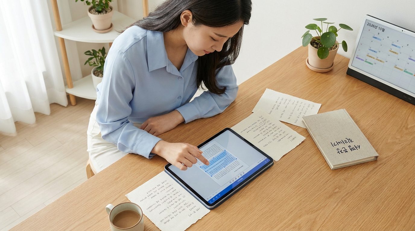 노타빌리티를 사용해 PDF 문장 잘라내기 기능을 활용하는 한국 여성의 공부 모습