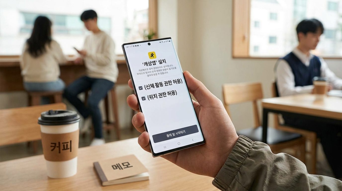캐시워크 앱 설치 후 권한 설정 화면을 스마트폰으로 보여주는 한국 남성의 클로즈업 사진