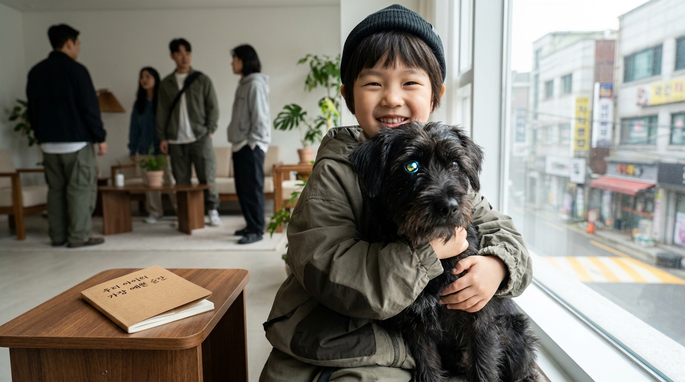 아이와 검은 강아지의 눈이 생생하고 선명하게 보이는 밝고 따뜻한 집 안 모습