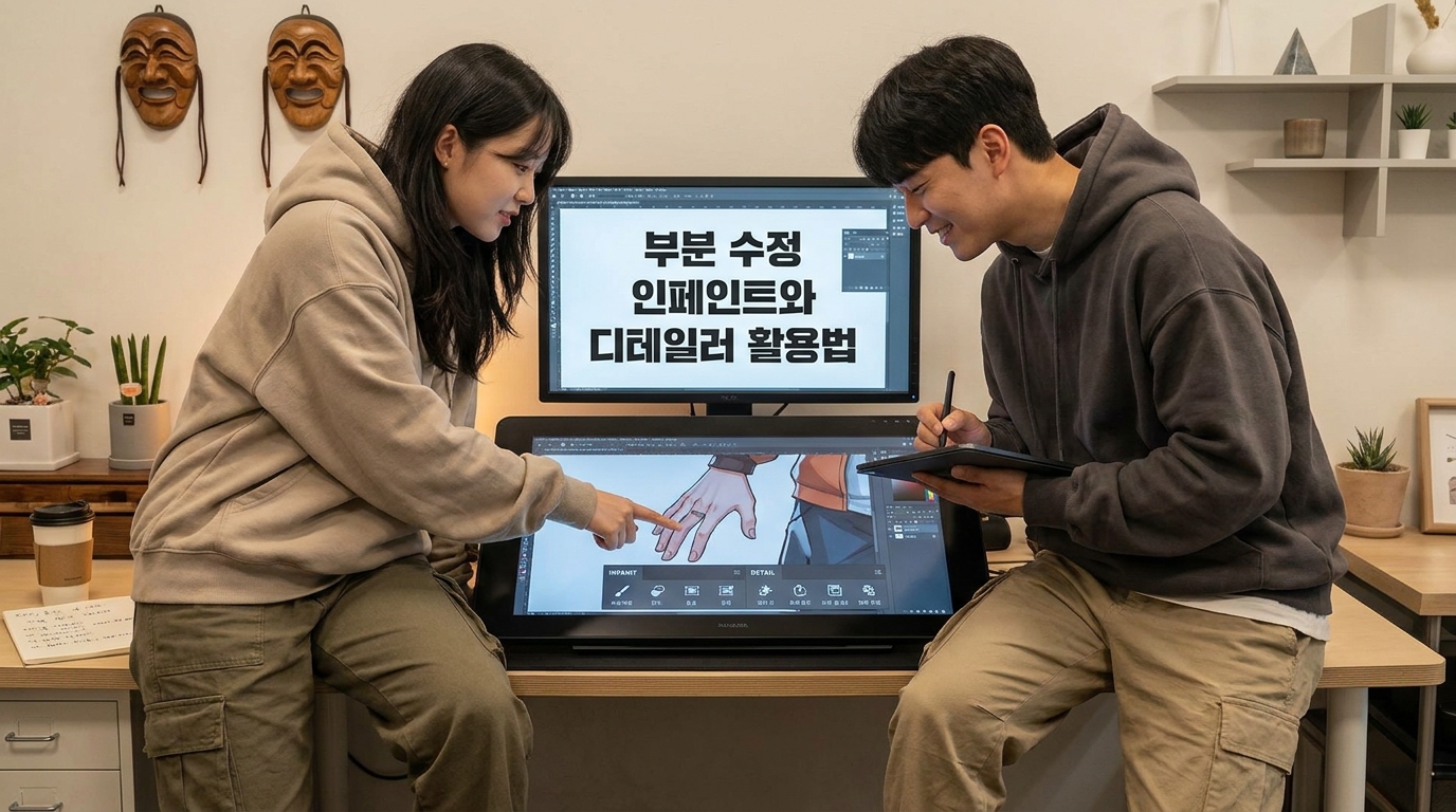 부분 수정 인페인트와 디테일러 도구를 활용하는 한국 디지털 아티스트들의 작업 장면