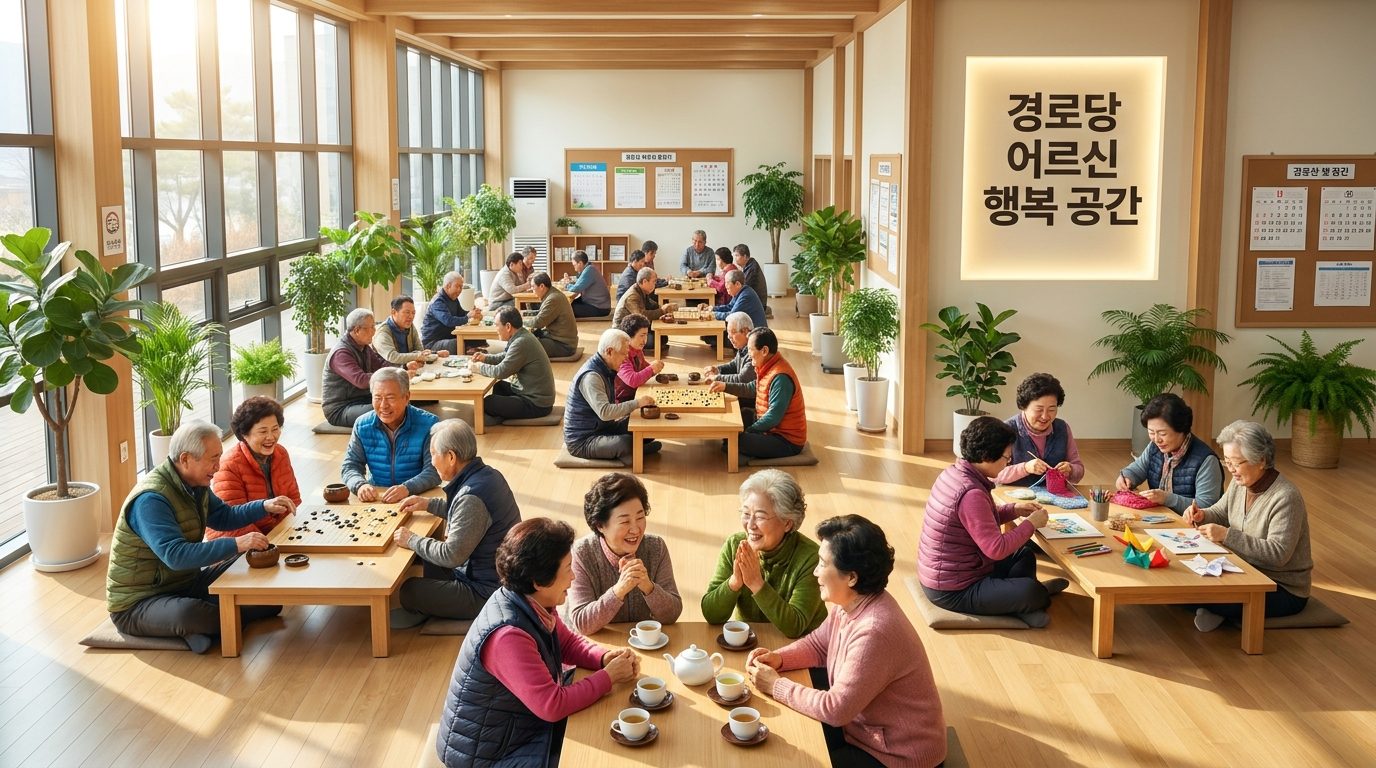 경로당 혜택: 밝고 현대적인 경로당 내부에서 전통 보드게임과 공예 활동을 즐기는 행복해하는 한국 노인들