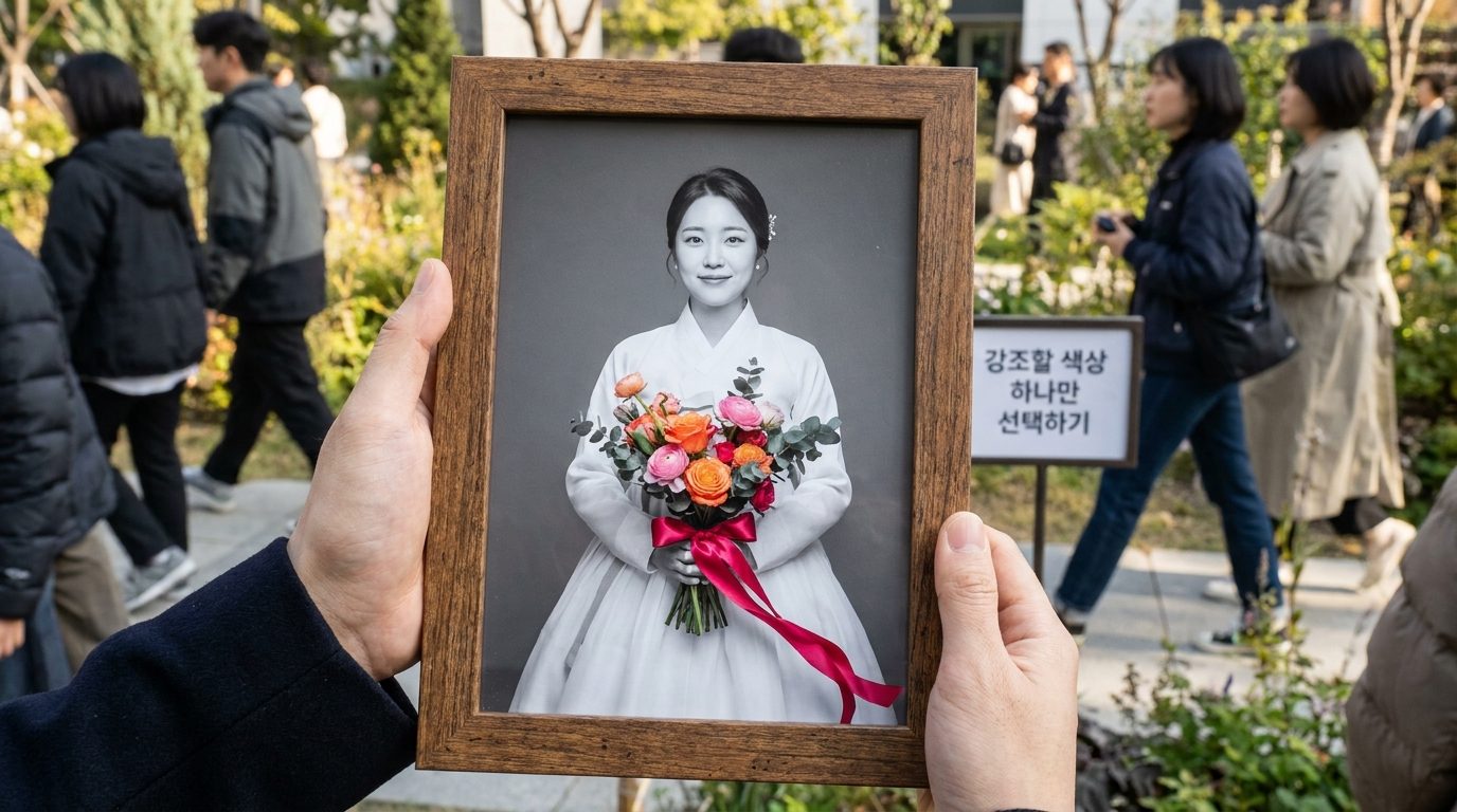 웨딩 부케와 드레스 리본만 컬러로 강조된 한국 현대식 웨딩사진