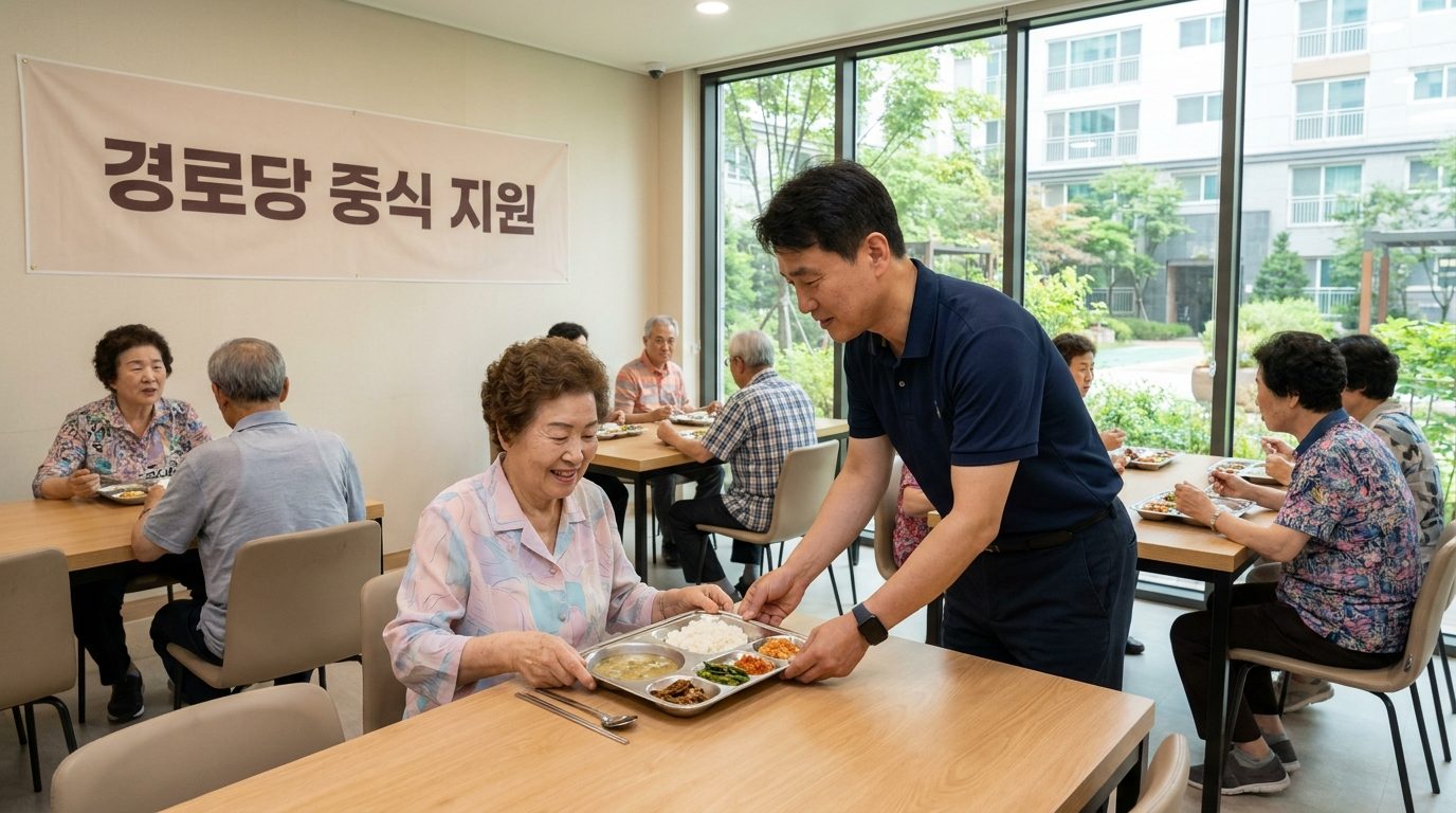 경로당에서 중식 지원을 받는 한국 노년 여성과 직원의 따뜻한 상호작용