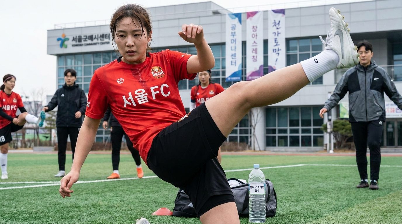 허벅지 뒤쪽을 집중적으로 늘리는 여성 축구선수의 다이내믹 스트레칭 자세 클로즈업