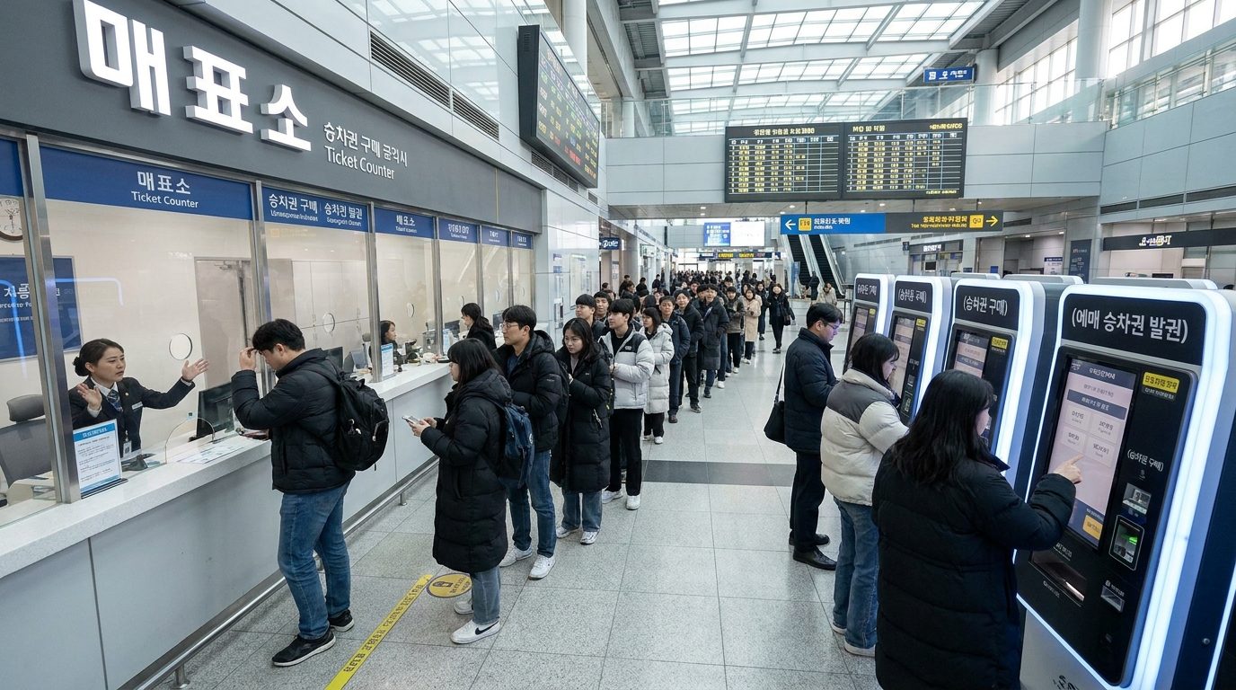 KTX 무인 발권기: 기차역 매표 창구 앞에 긴 줄이 늘어서 있고 무인 발권기가 여러 대 설치되어 있는 현대적인 한국 기차역 모습