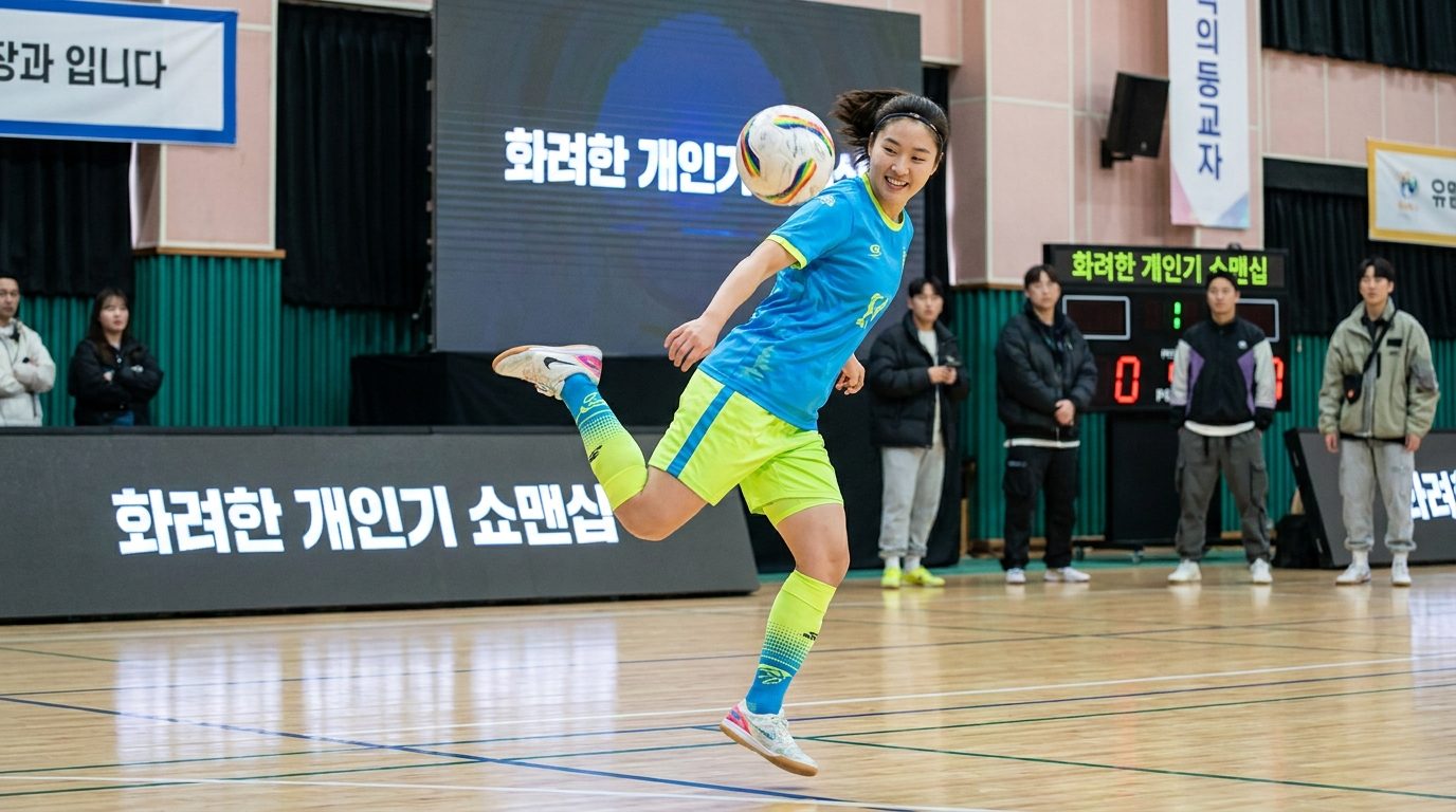 실내 풋살코트에서 화려한 개인기 쇼맨십 기술을 자신있게 구사하는 한국 여성 축구 선수 클로즈업 이미지