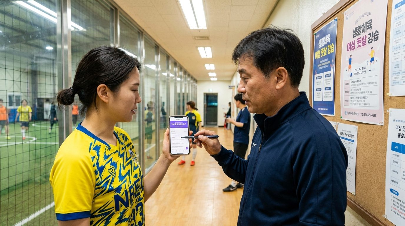 여성 풋살 동호회 정보를 상담하는 여성과 코치