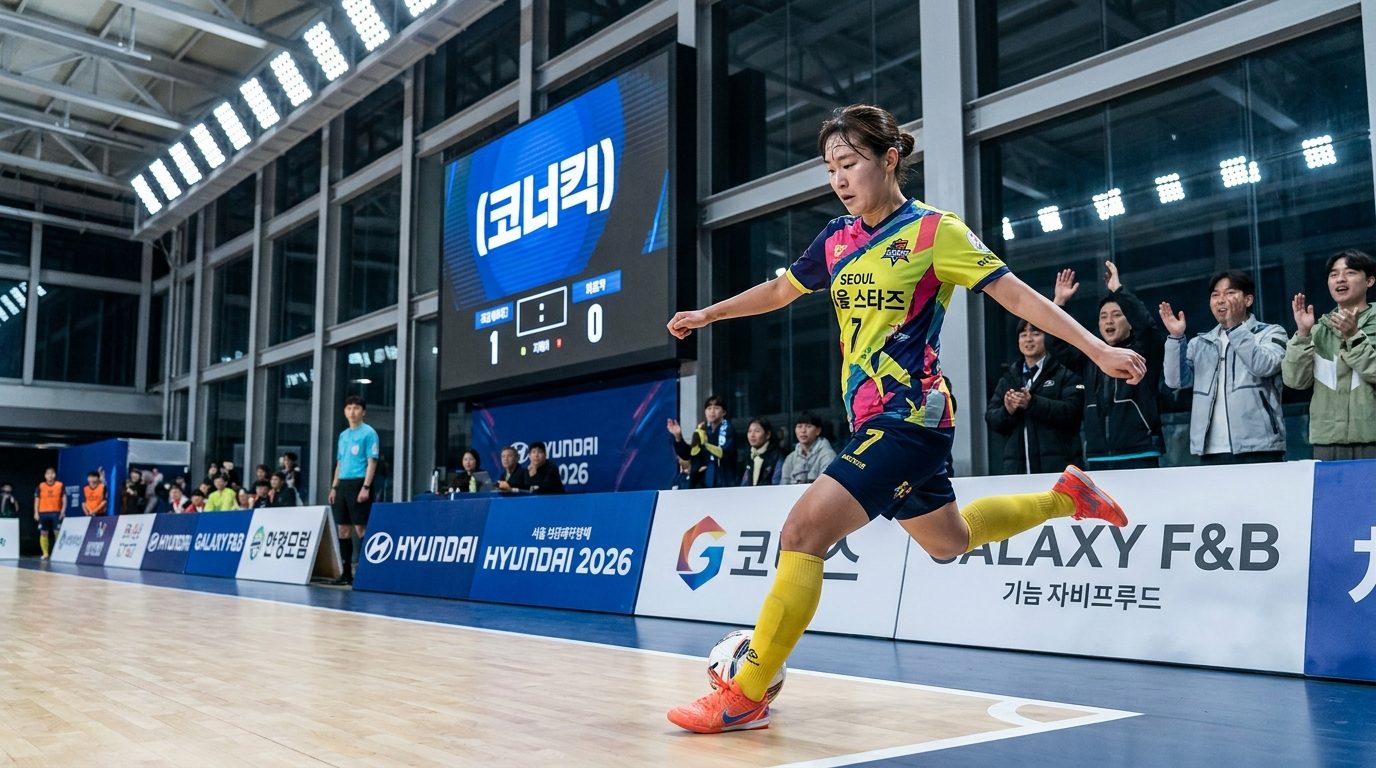 여성 풋살 선수가 실내 코트 코너 아크에서 코너킥을 하려는 실사 이미지