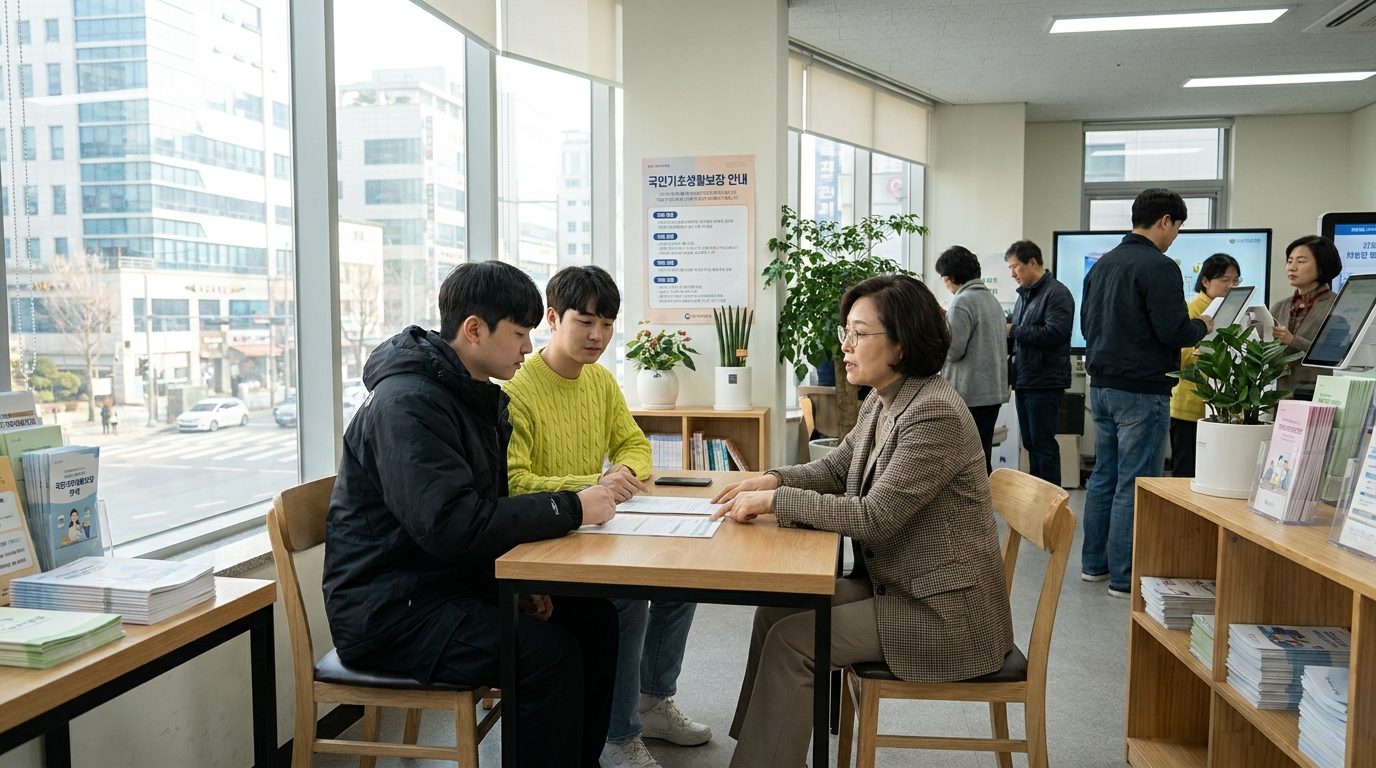 복지 상담사가 창가 옆 책상에서 젊은 부부에게 국민기초생활보장제도를 설명하는 모습