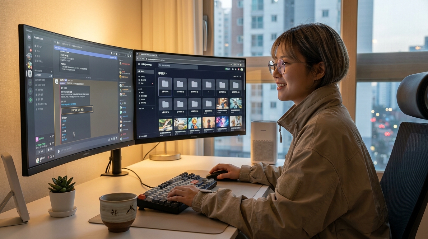 디스코드와 웹 버전 사이에서 작업을 효율적으로 관리하는 젊은 한국인 사용자 모습과 두 대의 모니터 화면