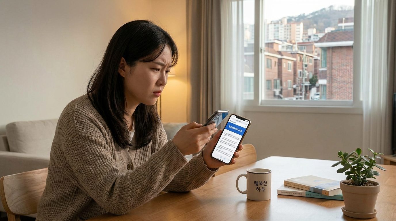 서울시 청년월세지원 FAQ를 스마트폰으로 확인하는 젊은 한국인의 모습