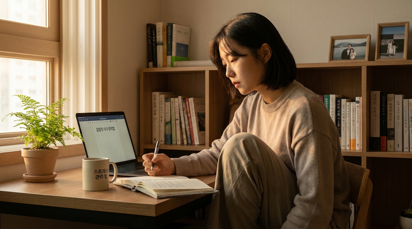 감정적 식사를 기록하며 스트레스 관리를 실천하는 20대 한국 여성, 아늑한 거실의 자연 채광과 한국어 노트