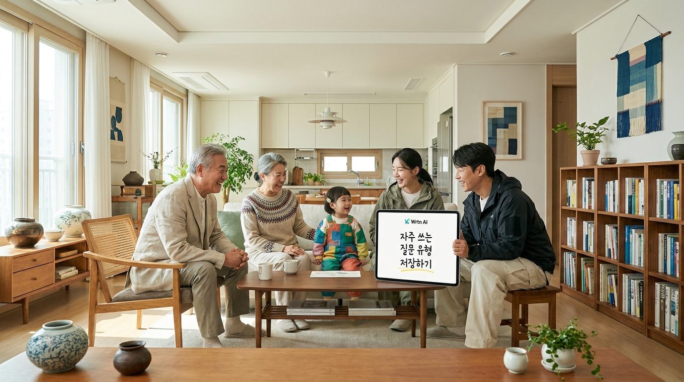 밝고 아늑한 현대 한국 가정 거실에서 여러 세대가 모여 뤼튼 AI 앱을 함께 사용하며 웃고 교감하는 모습