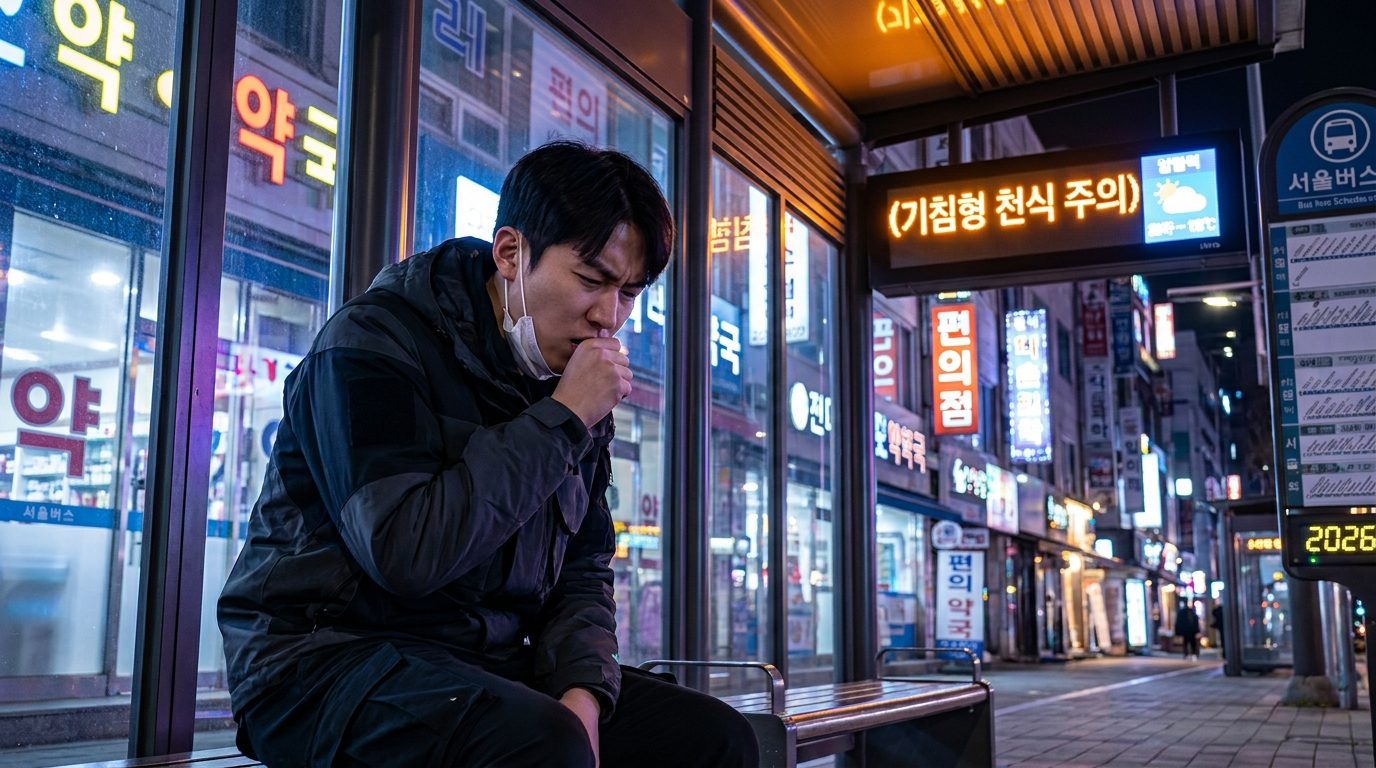 기침형 천식으로 기침에 고통받는 한국 젊은 남성 버스 정류장 모습