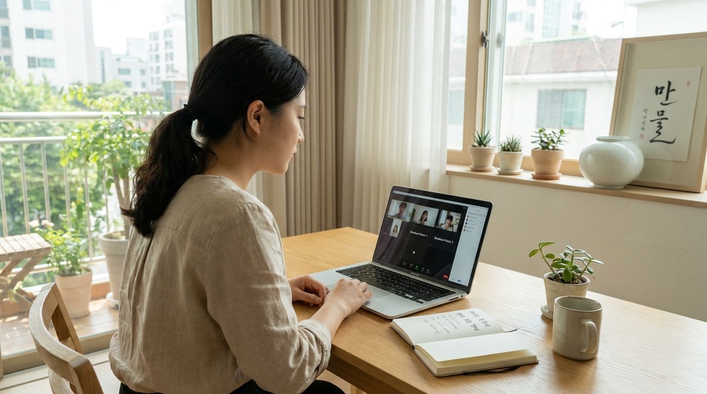 젊은 여성이 밝은 홈오피스에서 줌 소회의실을 활용해 독서모임을 진행하는 모습