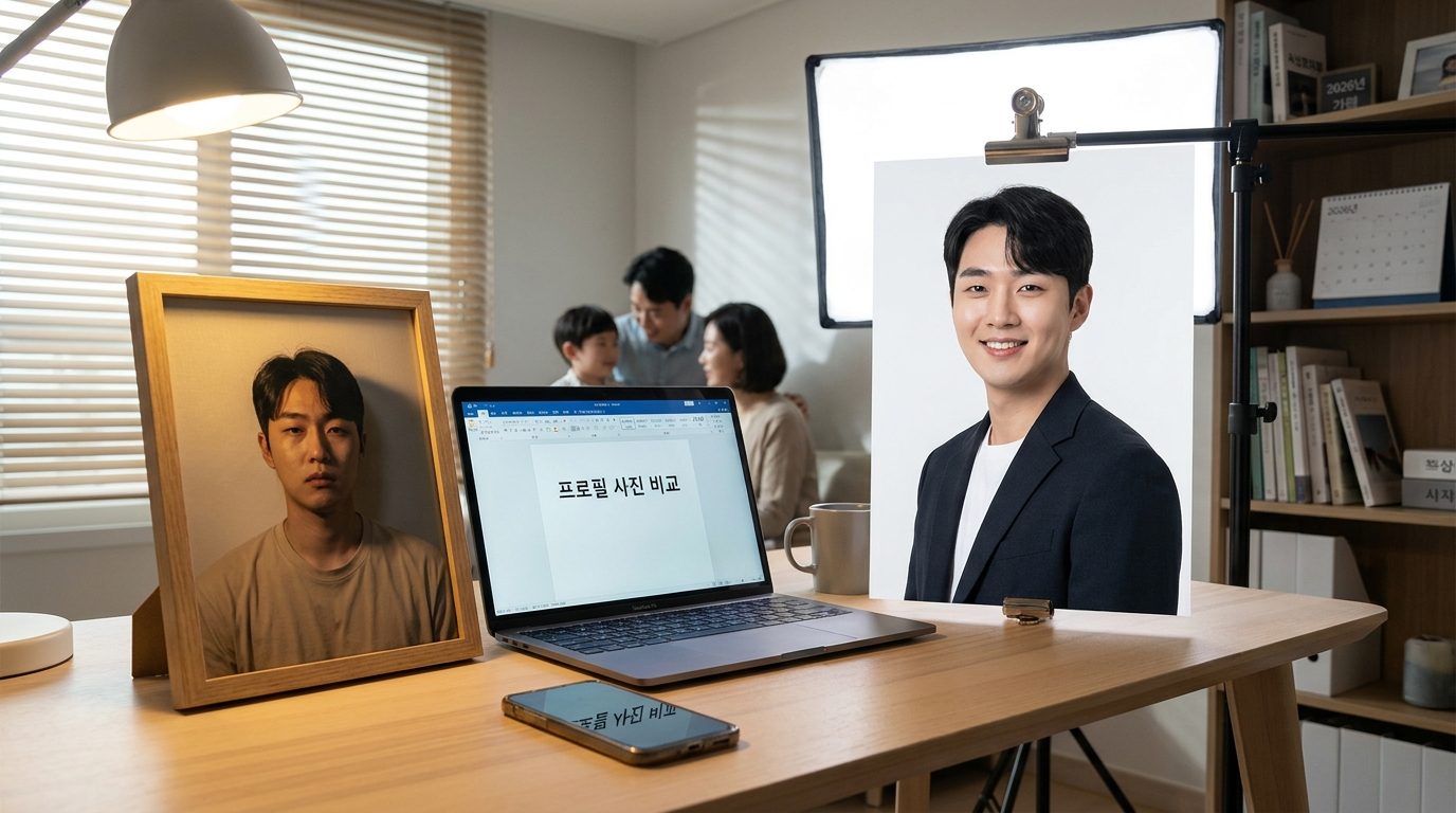 AI 조명 보정: 집에서 찍은 사진과 스튜디오에서 찍은 사진을 나란히 놓고 조명 차이와 분위기를 보여주는 비교 이미지