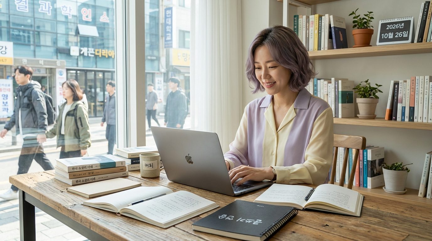 유시민 글쓰기 특강: 현대적인 한국 여성 작가가 자연광이 들어오는 방에서 노트북 앞에 앉아 글쓰기 작업을 하는 모습
