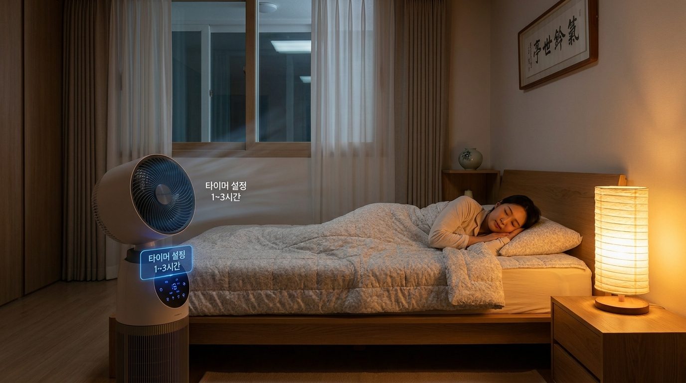 밤에 안전하게 타이머를 설정하고 간접적으로 선풍기 바람을 맞으며 잠자는 한국인의 침실