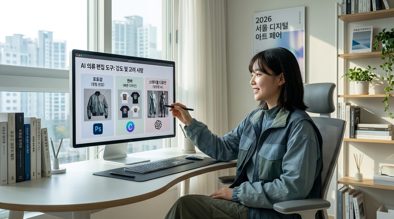 AI 이미지 편집 도구를 사용 중인 한국 디지털 아티스트의 현대적인 집 스튜디오