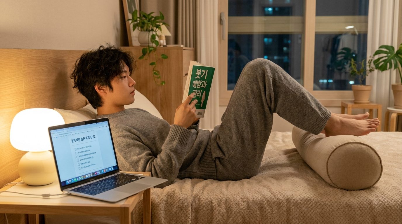 다리를 살짝 높여 누워 건강 서적을 읽으며 붓기 예방 습관을 체크하는 한국인