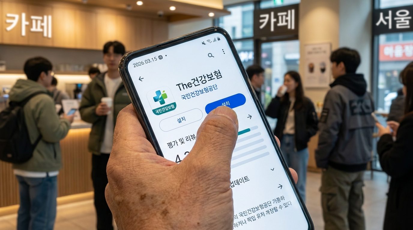 실내 따뜻한 조명 아래에서 'The건강보험' 앱 설치 페이지를 보여주는 한국 스마트폰 화면 클로즈업