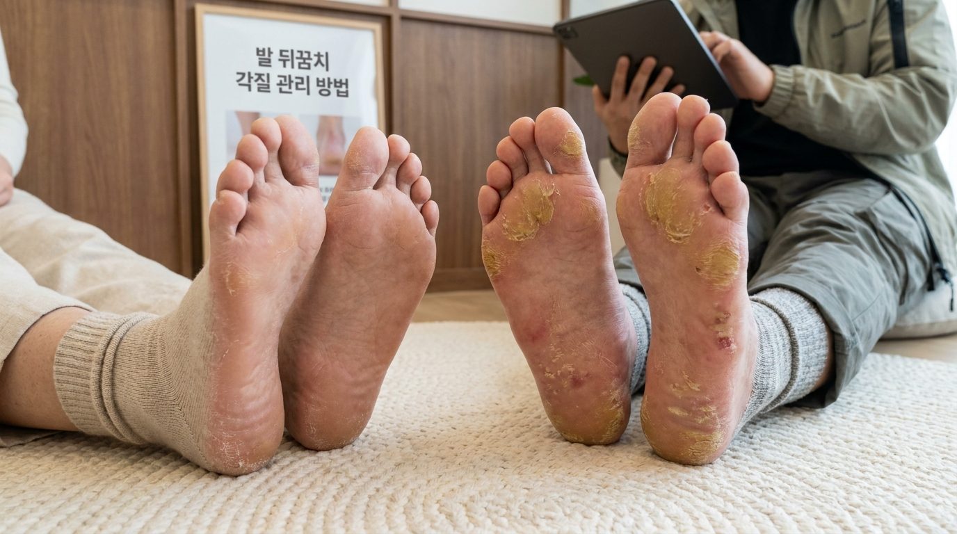 건조성 각질과 각화형 무좀 발바닥 피부 차이를 보여주는 이미지