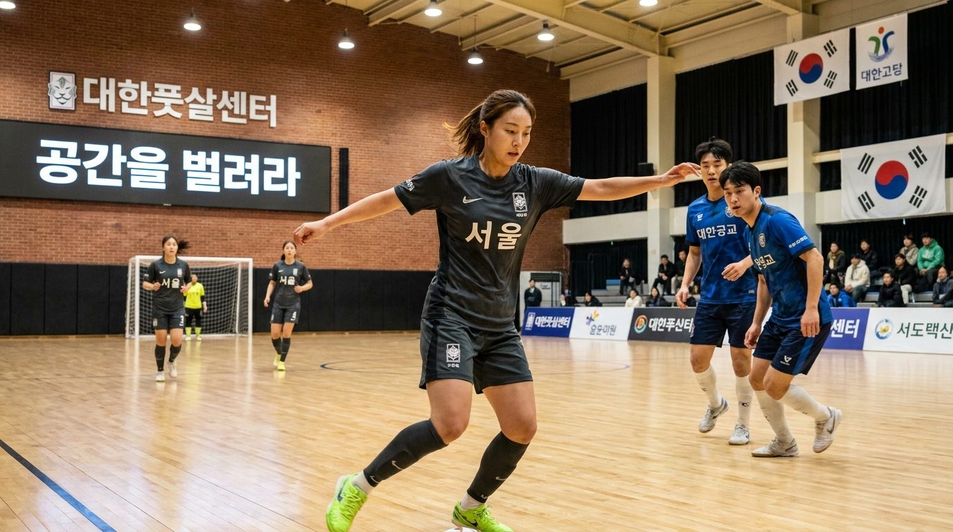 수비수를 끌어내어 공간을 만드는 한국 여성 풋살 선수