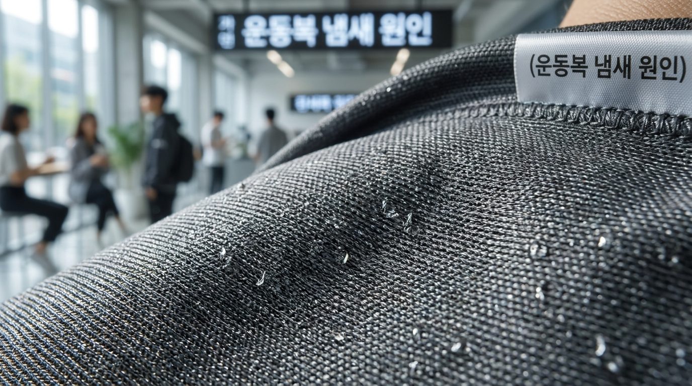 고성능 폴리에스터, 나일론 스포츠웨어 원단의 미세한 섬유 질감과 땀방울이 묻어 있는 클로즈업 사진