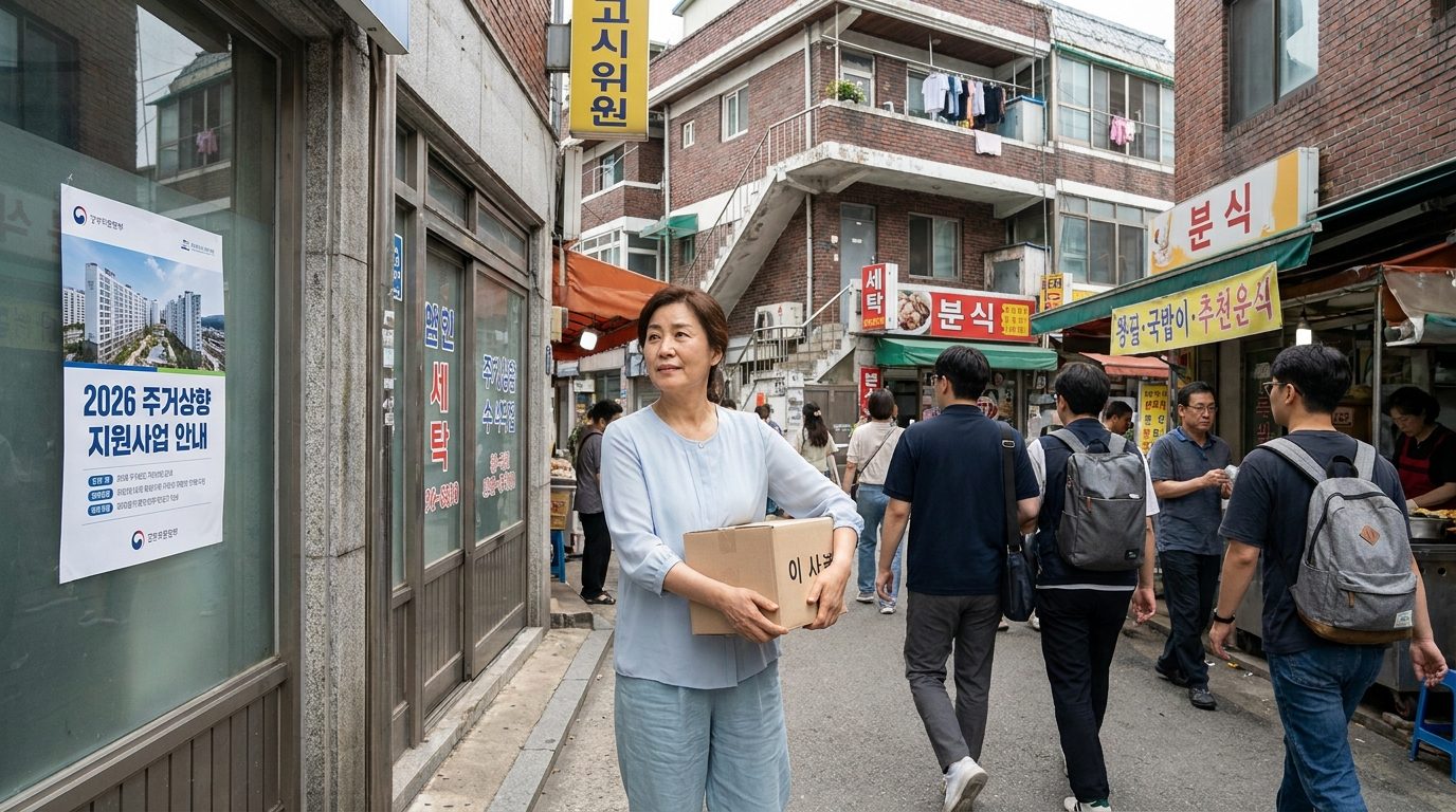 주거상향 지원 신청방법: 쪽방이나 고시원 같은 작은 주거 공간에서 이사 준비를 하는 중년 한국 여성의 모습