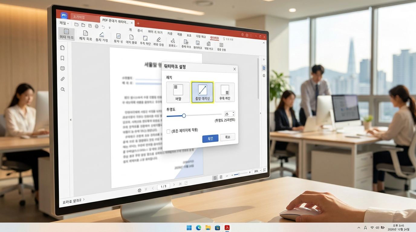 PDF 편집 프로그램 워터마크 설정 창 클로즈업, 모든 페이지 적용과 투명도 설정이 보임