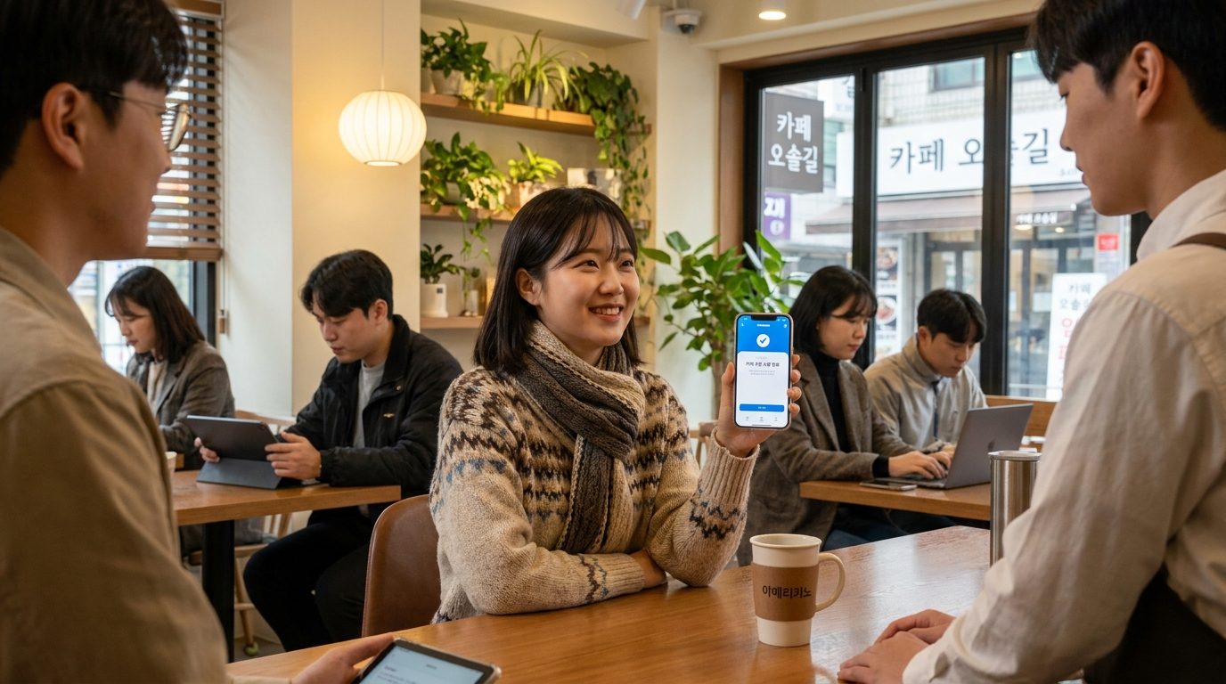 한국 카페에서 캐시워크 앱으로 커피 쿠폰을 교환하는 한국 여성의 모습 고화질 실사 사진