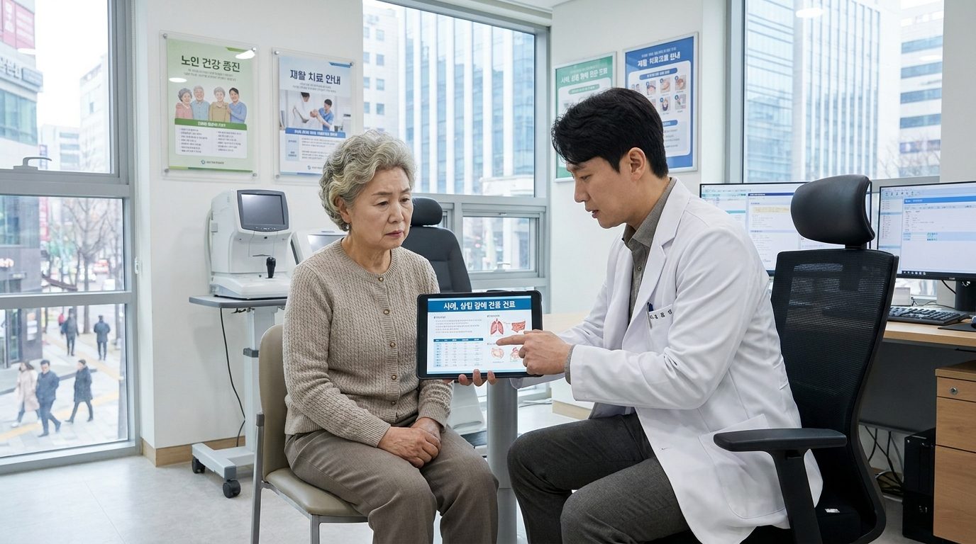 이비인후과 전문의를 상담 받는 한국 노인 환자와 의사의 병원 장면