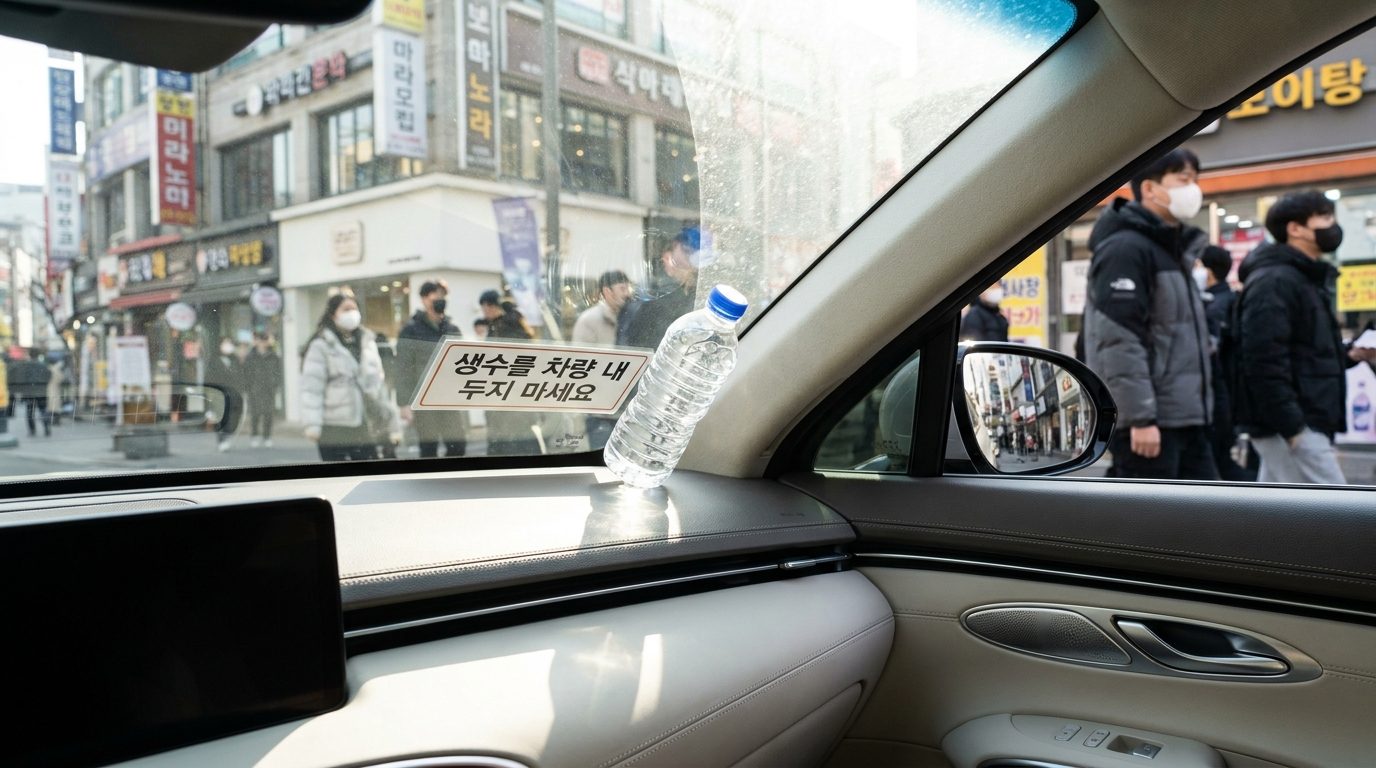차량 대시보드 위에 햇볕에 노출된 생수병과 (생수를 차량 내 직사광선에 두지 마세요)라는 경고 문구가 붙어 있는 모습.